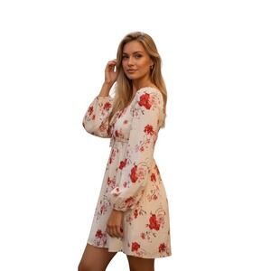 Free For All Floral Long Sleeve Mini Dress Cream Red Smocked Waist‎ Small